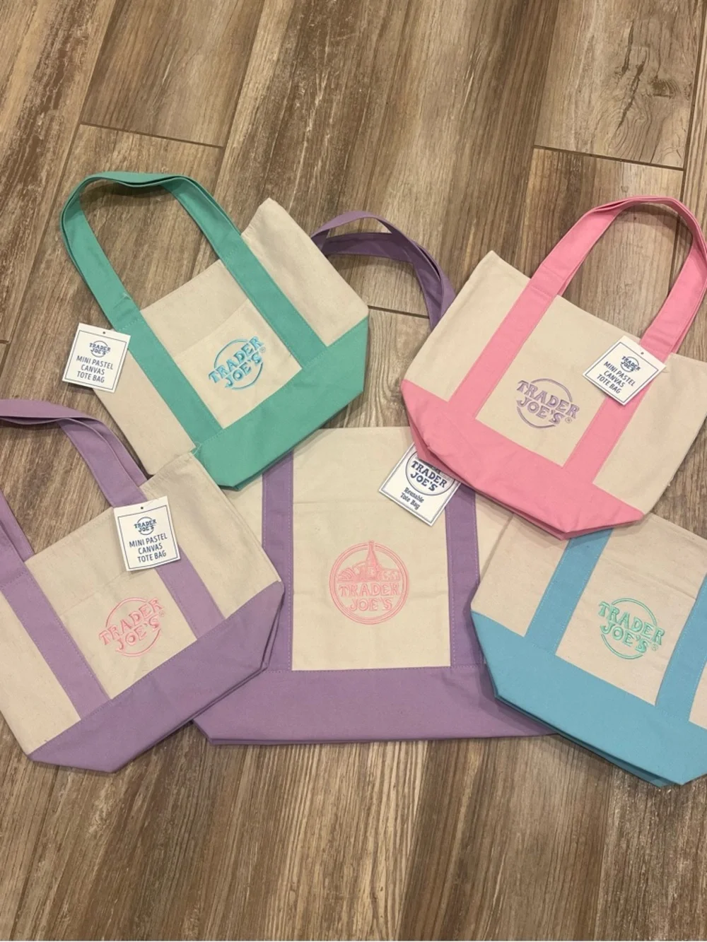 Trader Joe's 5 Pastel Canvas Tote Bag BUNDLE ~ 1 Large 💜 4 Minis 💜🩷🩵💚 NWT - Picture 1 of 10